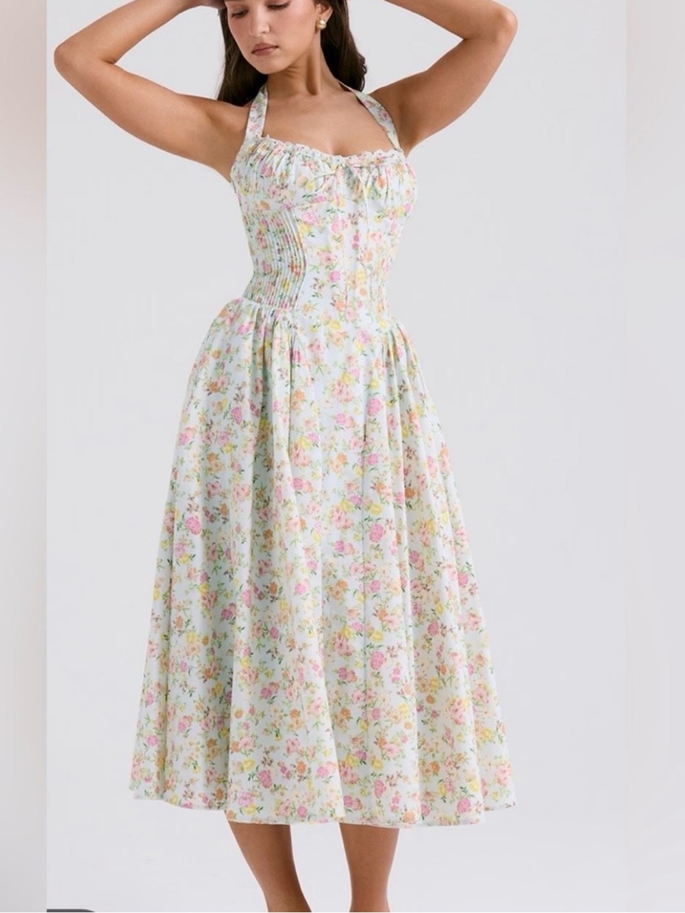 House of CB Cream Halter Midi Dress with Pink & Yellow Floral Print